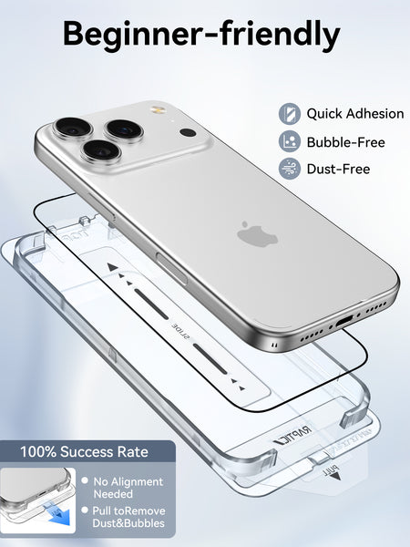 The Raptic iPhone 17 Screen Protector 2 pack features an installation tray, quick adhesion, bubble-free and dust-free application, and military-grade tempered glass for 100% success—ideal protection by Raptic with your iPhone above the kit.