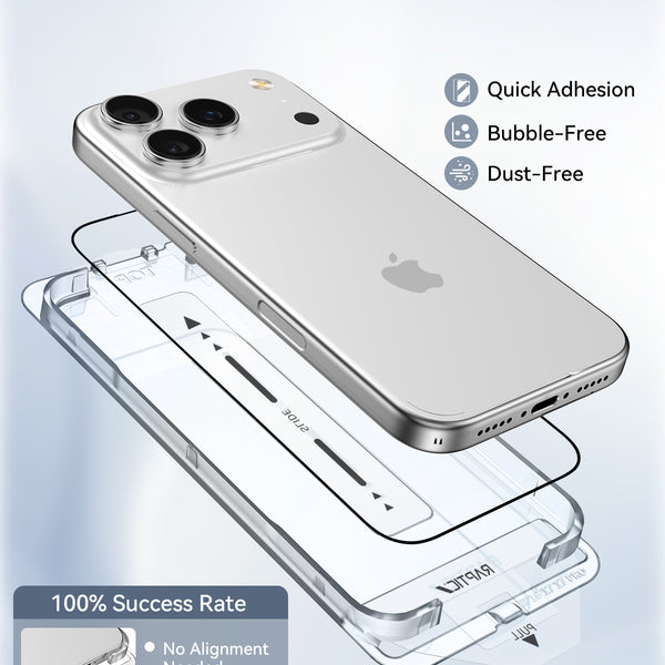 The Raptic iPhone 17 Screen Protector 2 pack features an installation tray, quick adhesion, bubble-free and dust-free application, and military-grade tempered glass for 100% success—ideal protection by Raptic with your iPhone above the kit.