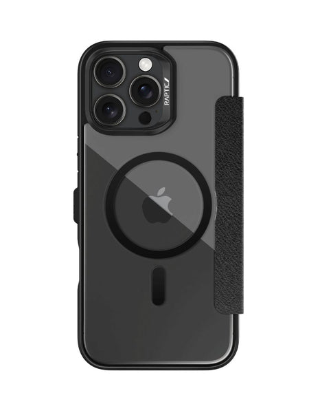 A black iPhone 16 in a Raptic Urban Folio Wallet Case with a visible camera cutout and MagSafe technology.