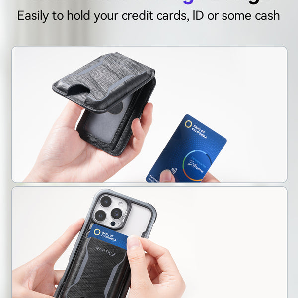 A person inserts a blue card into a Raptic Air Wallet, an iPhone Magnetic Wallet by Raptic attached to the back of a smartphone.
