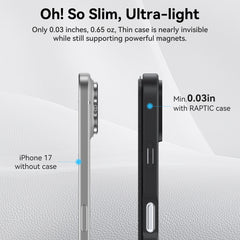 Side-by-side comparison of an iPhone 17 without a case and with the Raptic Air Folio case, showcasing the case’s ultra-slim 0.03-inch profile.