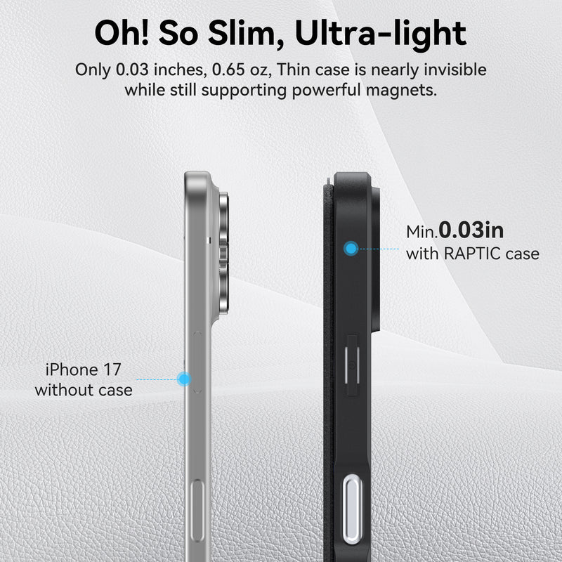 Side-by-side comparison of an iPhone 17 without a case and with the Raptic Air Folio case, showcasing the case’s ultra-slim 0.03-inch profile.