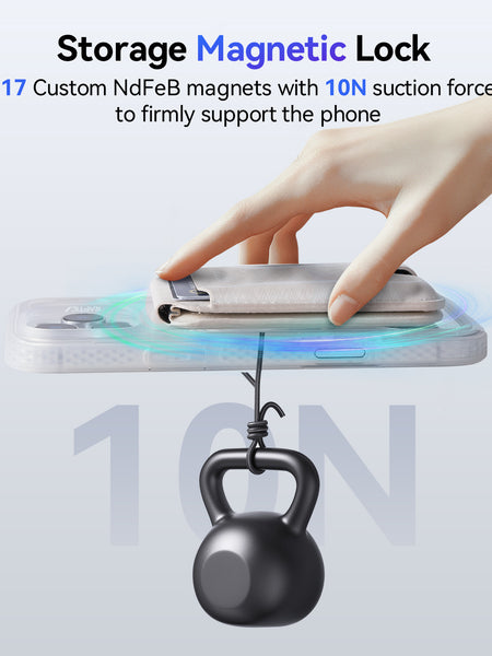 A hand attaches the Raptic Air Wallet—an iPhone Magnetic Wallet by Raptic—with 17 magnets and 10N suction, then suspends a kettlebell below to showcase the wallet’s impressively strong magnetic hold.