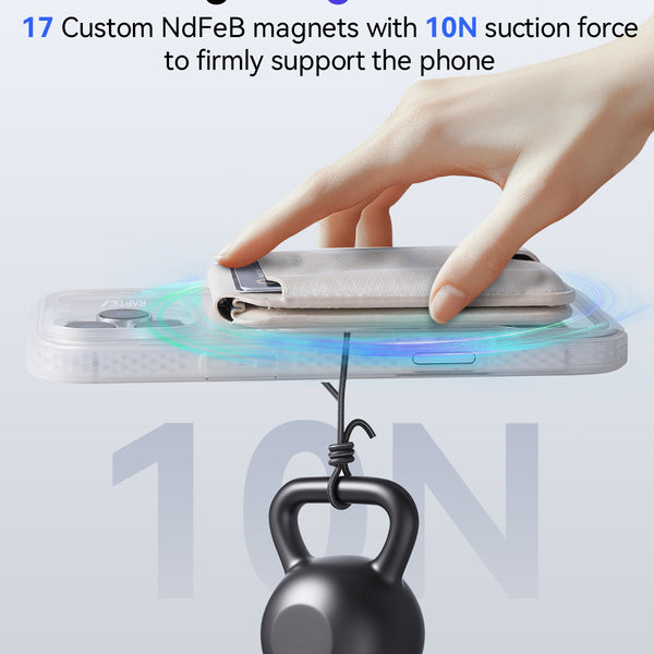 A hand attaches the Raptic Air Wallet—an iPhone Magnetic Wallet by Raptic—with 17 magnets and 10N suction, then suspends a kettlebell below to showcase the wallet’s impressively strong magnetic hold.