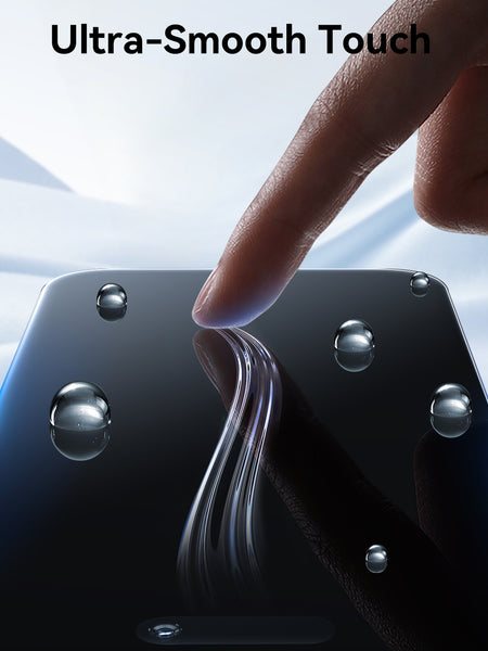 A finger touches a wet smartphone screen, showing smooth response. The text 