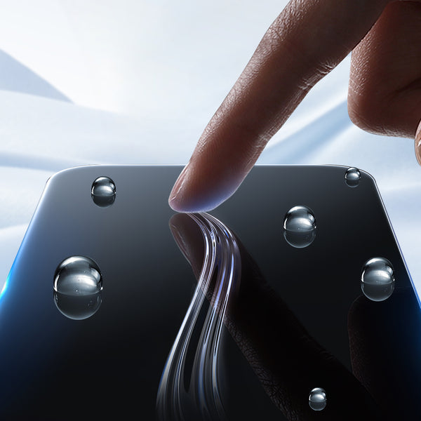 A finger touches a wet smartphone screen, showing smooth response. The text 