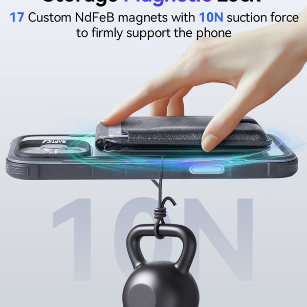 A hand lifts the Raptic Air Wallet from a phone case, with graphics showing 17 magnets and a 10N weight, illustrating strong magnetic lock and MagSafe Stand support for the iPhone Magnetic Wallet by Raptic.