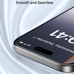 Close-up of an iPhone 17 with a smooth, seamless screen protected by the Raptic Air Glass iPhone 17 Screen Protector (2 pack), featuring 2.5D rounded edges and providing military-grade protection while displaying the date and time.