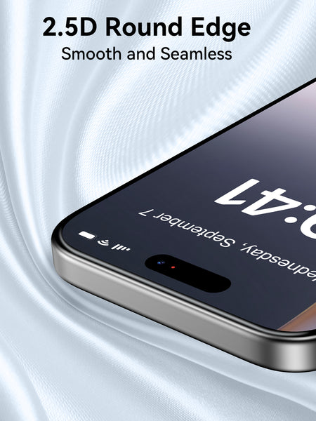 Close-up of an iPhone 17 with a smooth, seamless screen protected by the Raptic Air Glass iPhone 17 Screen Protector (2 pack), featuring 2.5D rounded edges and providing military-grade protection while displaying the date and time.