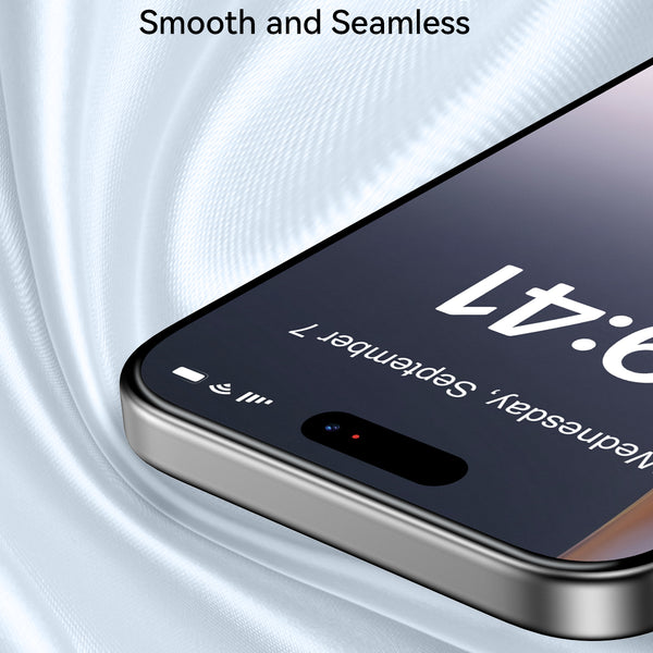 Close-up of an iPhone 17 with a smooth, seamless screen protected by the Raptic Air Glass iPhone 17 Screen Protector (2 pack), featuring 2.5D rounded edges and providing military-grade protection while displaying the date and time.