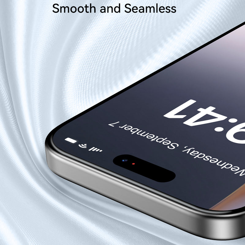 Close-up of an iPhone 17 with a smooth, seamless screen protected by the Raptic Air Glass iPhone 17 Screen Protector (2 pack), featuring 2.5D rounded edges and providing military-grade protection while displaying the date and time.