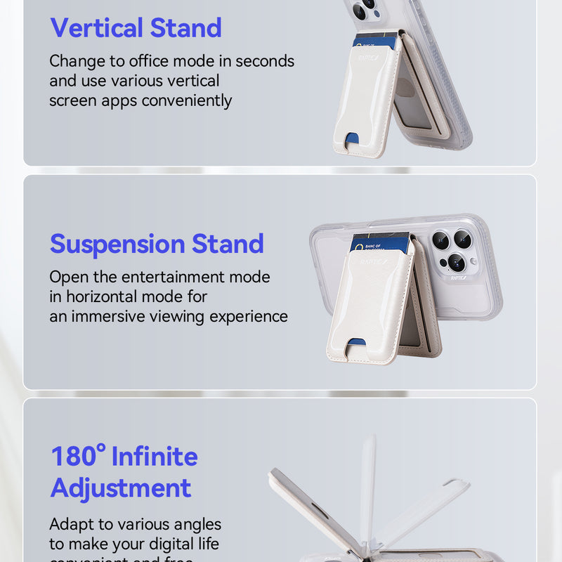 The Raptic Air Wallet, an iPhone magnetic wallet by Raptic, features a MagSafe stand with three modes: vertical stand, suspension stand, and 180° infinite adjustment for flexible device positioning.