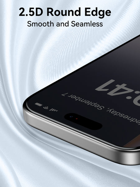 Close-up of a smartphone with 2.5D rounded edges on silky fabric, featuring the Raptic iPhone 17 Privacy Screen Protector 2 pack - Air Glass, which displays the time and date while providing premium protection.