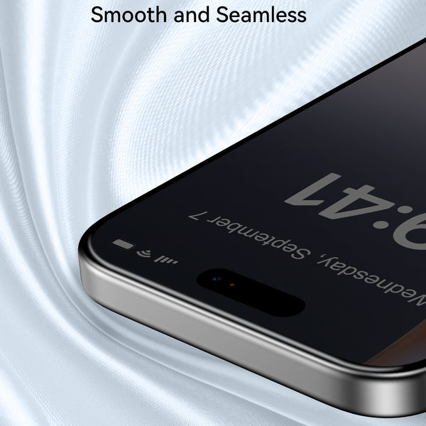 Close-up of a smartphone with 2.5D rounded edges on silky fabric, featuring the Raptic iPhone 17 Privacy Screen Protector 2 pack - Air Glass, which displays the time and date while providing premium protection.