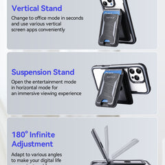 Three images display the Raptic Air Wallet, an iPhone magnetic wallet by Raptic, featuring a MagSafe stand. It supports vertical and horizontal modes plus adjustable angles for flexible viewing and convenient use.