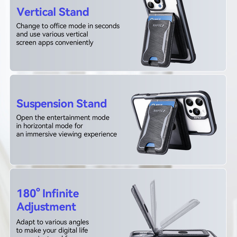 Three images display the Raptic Air Wallet, an iPhone magnetic wallet by Raptic, featuring a MagSafe stand. It supports vertical and horizontal modes plus adjustable angles for flexible viewing and convenient use.