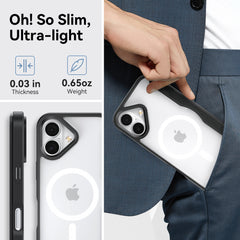 A person puts the Raptic Air Folio, a slim and clear iPhone 17 Folio Case with black edges, on their phone—showcasing its 0.03-inch thickness and 0.65-ounce weight as a minimalist option to bulky wallet cases.