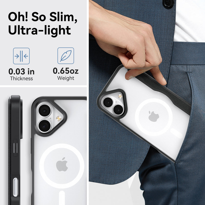 A person puts the Raptic Air Folio, a slim and clear iPhone 17 Folio Case with black edges, on their phone—showcasing its 0.03-inch thickness and 0.65-ounce weight as a minimalist option to bulky wallet cases.