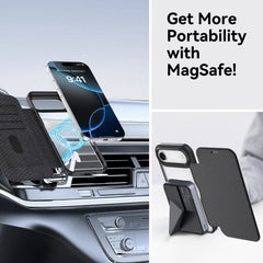 An iPhone attaches via MagSafe to a car vent mount. Nearby are phones with Raptic Air Folio wallet cases and MagSafe accessories. Text reads: 