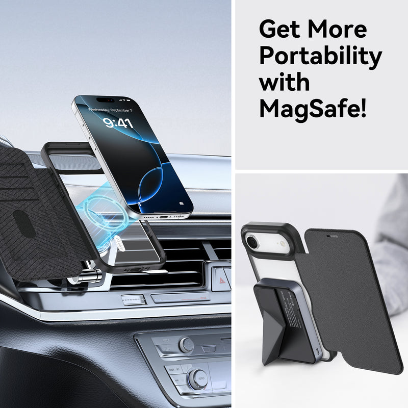 An iPhone attaches via MagSafe to a car vent mount. Nearby are phones with Raptic Air Folio wallet cases and MagSafe accessories. Text reads: 