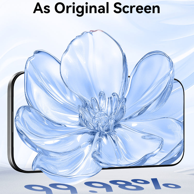 An iPhone 17 with a Raptic Air Glass screen protector shows a vivid flower image. Text says 