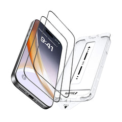 The Raptic Air Glass iPhone 17 Screen Protector 2 pack, shown with a clear case in an exploded view, offers military-grade protection for your smartphone.