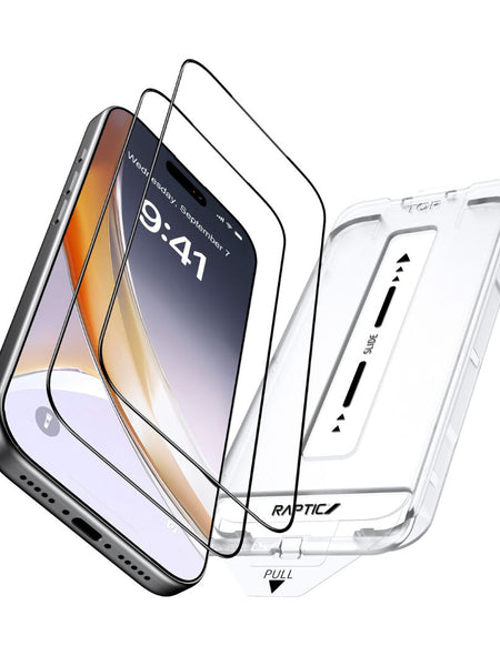 The Raptic Air Glass iPhone 17 Screen Protector 2 pack, shown with a clear case in an exploded view, offers military-grade protection for your smartphone.