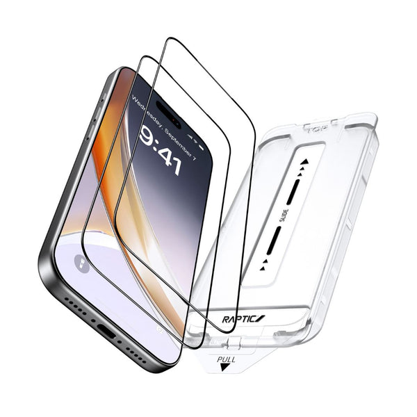 The Raptic Air Glass iPhone 17 Screen Protector 2 pack, shown with a clear case in an exploded view, offers military-grade protection for your smartphone.