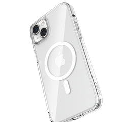 A clear Raptic Crystal MagSafe iPhone 15 case with a magnifying glass.