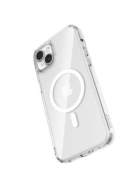 A clear Raptic Crystal MagSafe iPhone 15 case with a magnifying glass.