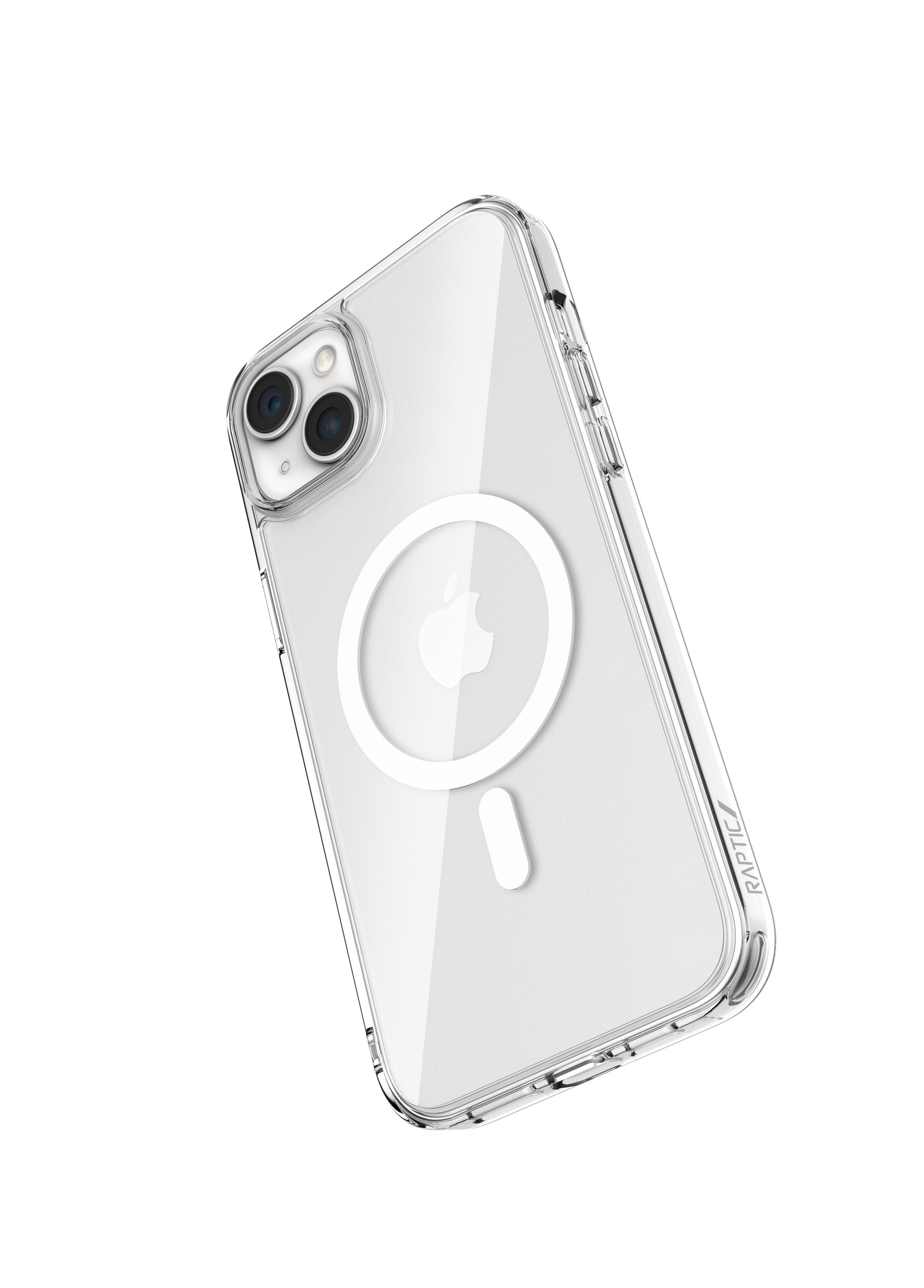 A clear Raptic Crystal MagSafe iPhone 15 case with a magnifying glass.