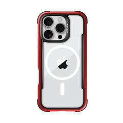 A smartphone with a transparent back cover featuring a prominent Apple logo, encased in a black and red Raptic iPhone 16 Series Case - Shield. The phone has three rear cameras and offers wireless charging compatibility for added convenience.