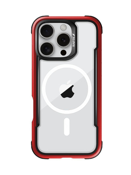 A smartphone with a transparent back cover featuring a prominent Apple logo, encased in a black and red Raptic iPhone 16 Series Case - Shield. The phone has three rear cameras and offers wireless charging compatibility for added convenience.