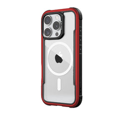 A smartphone featuring the Raptic iPhone 16 Series Case - Shield, which has a transparent back and a red border, showcasing the Apple logo and camera lenses. This sleek design not only supports wireless charging but also offers up to 3-metre drop protection.