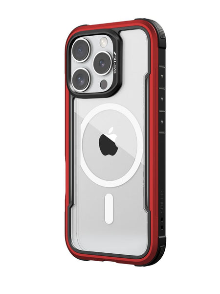 A smartphone featuring the Raptic iPhone 16 Series Case - Shield, which has a transparent back and a red border, showcasing the Apple logo and camera lenses. This sleek design not only supports wireless charging but also offers up to 3-metre drop protection.