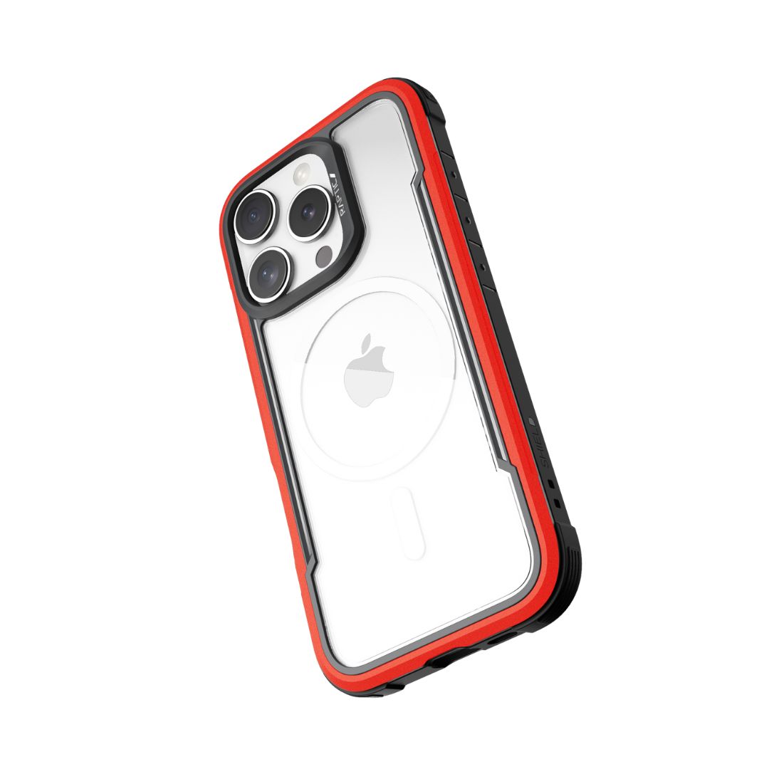 The Raptic iPhone 16 Series Case - Shield features a clear design with a red and black bumper. It's specifically designed for iPhones with triple rear cameras, offers wireless charging compatibility, and provides 3-metre drop protection.