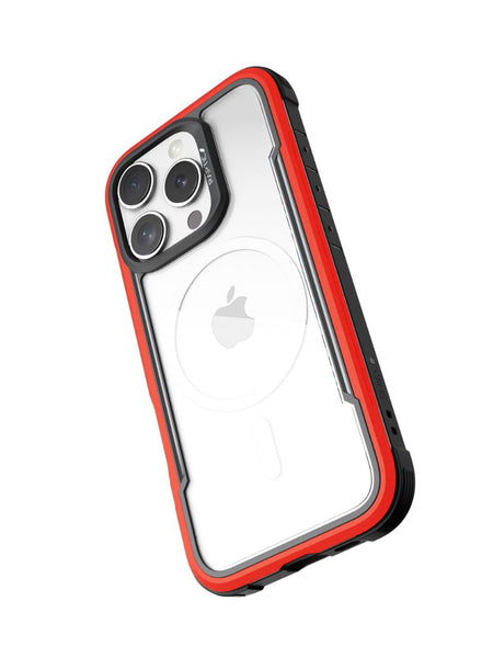 The Raptic iPhone 16 Series Case - Shield features a clear design with a red and black bumper. It's specifically designed for iPhones with triple rear cameras, offers wireless charging compatibility, and provides 3-metre drop protection.
