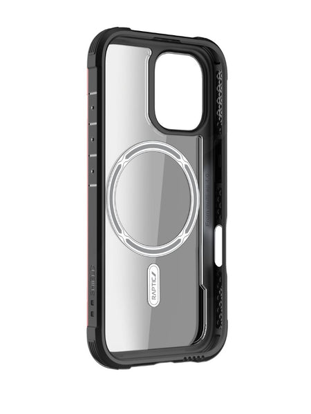 The Raptic iPhone 16 Series Case - Shield is a clear phone case with black edges, featuring a built-in magnetic ring. Designed for modern smartphones, it is wireless charging compatible and offers 3-metre drop protection.
