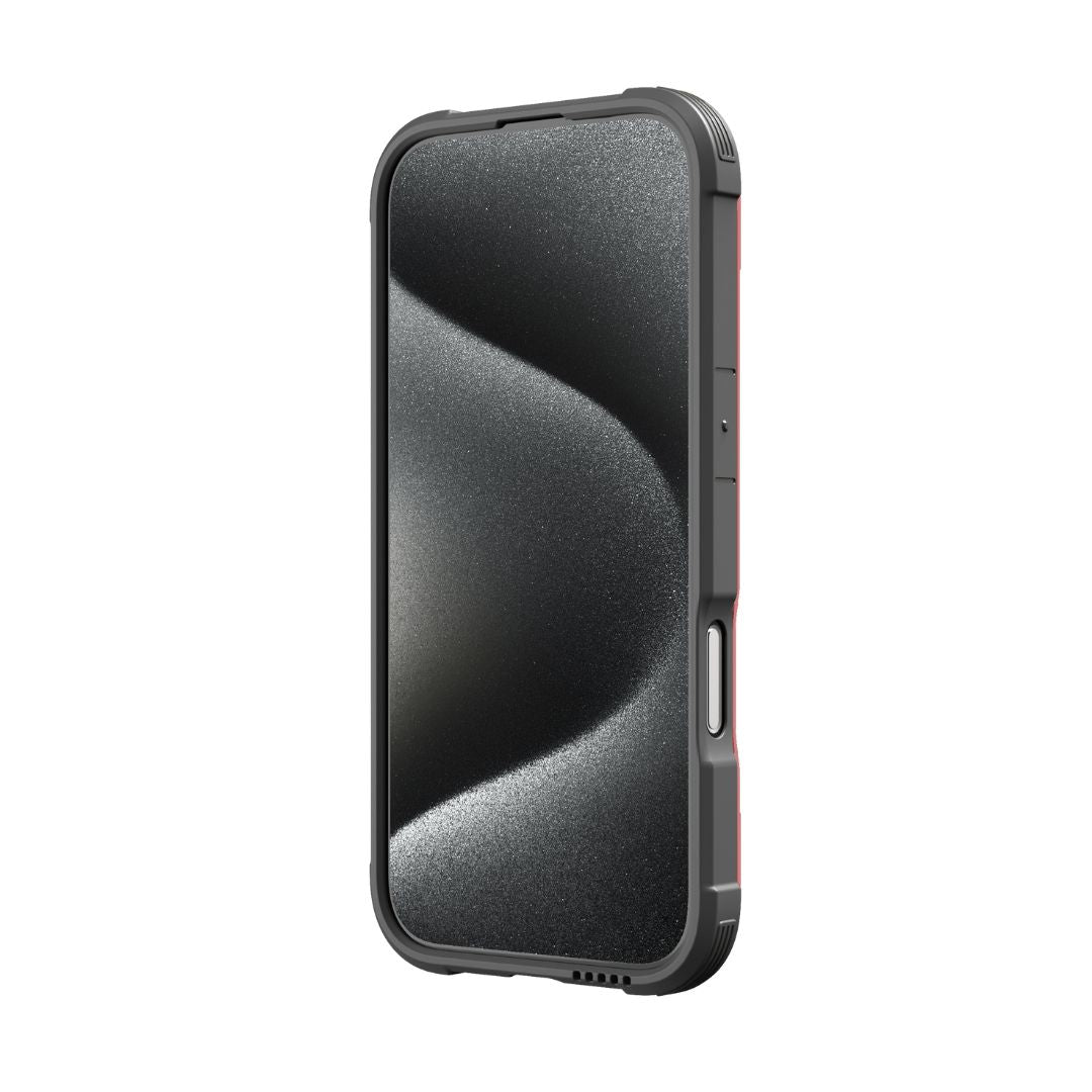 An iPhone 16 Series Case - Shield by Raptic, featuring a rugged black exterior with a textured pattern on the screen and providing protection from 3-metre drops.