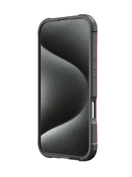 An iPhone 16 Series Case - Shield by Raptic, featuring a rugged black exterior with a textured pattern on the screen and providing protection from 3-metre drops.