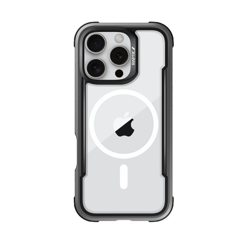 The Raptic iPhone 16 Series Case - Shield is a durable phone case for the iPhone 16 MagSafe, featuring a black protective exterior with precise cutouts for the Apple logo and camera lenses, offering excellent drop protection.