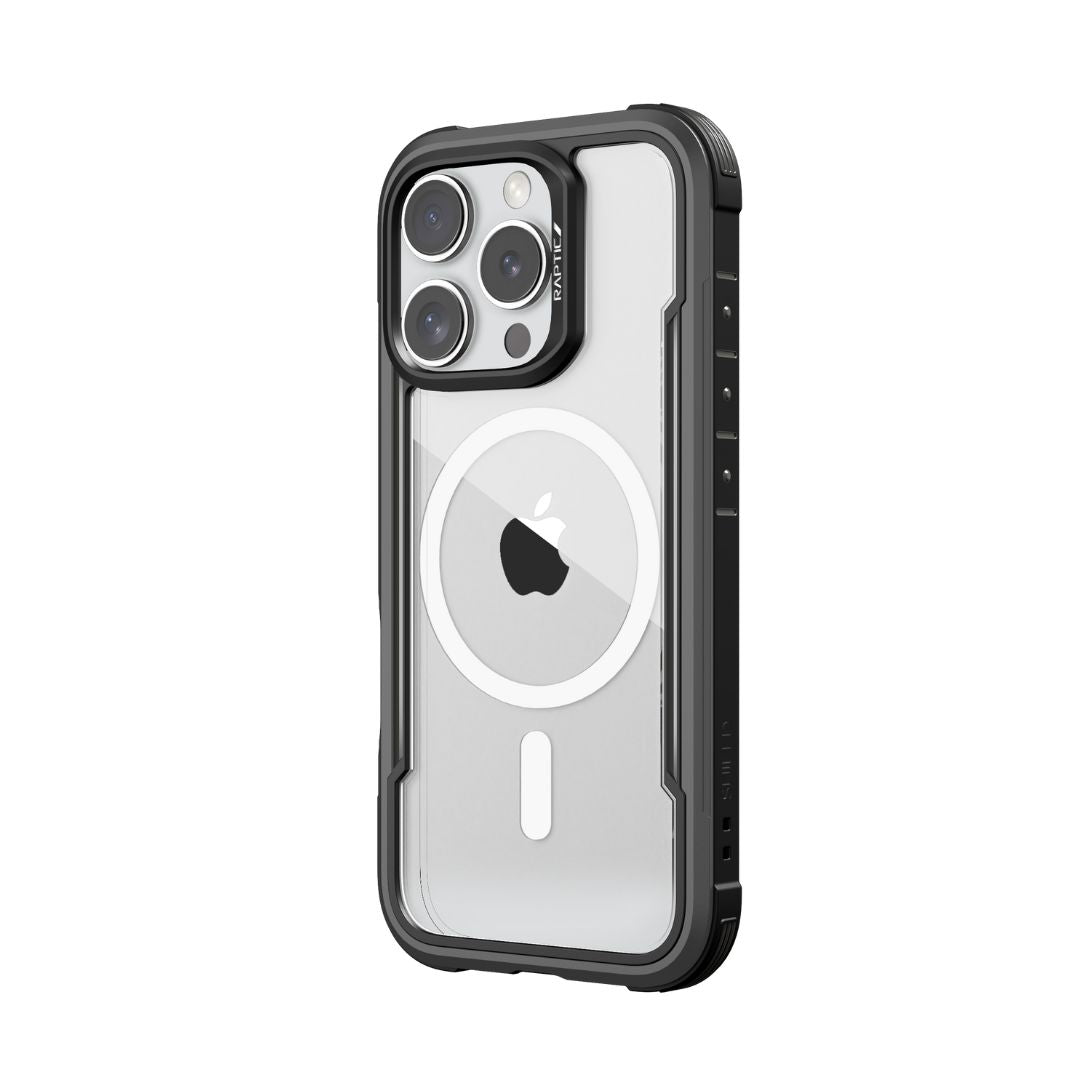 The Raptic iPhone 16 Series Case - Shield is a clear protective phone case with black edges, designed to fit a smartphone with multiple rear cameras and an Apple logo visible through the transparent back. This MagSafe case offers superior drop protection.