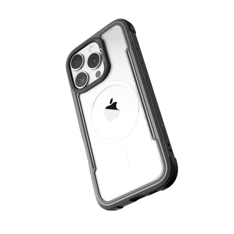 A clear Raptic iPhone 16 Series Case - Shield, featuring a MagSafe design that reveals the Apple logo on the back of your iPhone. This durable phone case boasts a rugged black frame around the edges for exceptional drop protection.