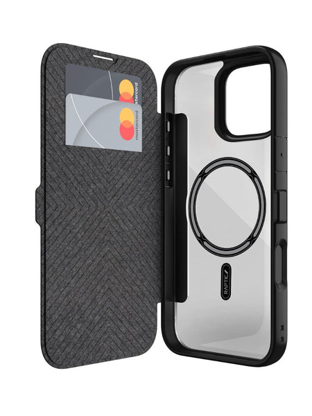 A Raptic iPhone 16 Wallet Case - Urban Folio in black is shown open, featuring a cardholder that can hold two cards. The inside boasts a textured pattern, while the back includes a circular ring holder compatible with MagSafe technology for added convenience.