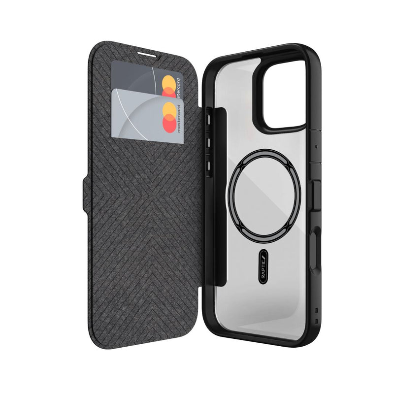 A Raptic iPhone 16 Wallet Case - Urban Folio in black is shown open, featuring a cardholder that can hold two cards. The inside boasts a textured pattern, while the back includes a circular ring holder compatible with MagSafe technology for added convenience.