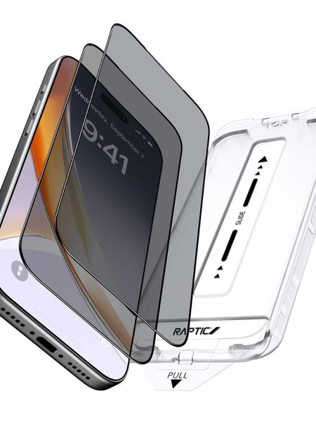 Exploded view of an iPhone with the Raptic iPhone 17 Privacy Screen Protector 2 pack – Air Glass and installation tray, showing the military-grade tempered glass layers and hassle-free alignment above the device.