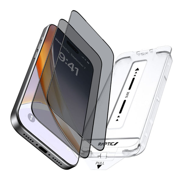 Exploded view of an iPhone with the Raptic iPhone 17 Privacy Screen Protector 2 pack – Air Glass and installation tray, showing the military-grade tempered glass layers and hassle-free alignment above the device.