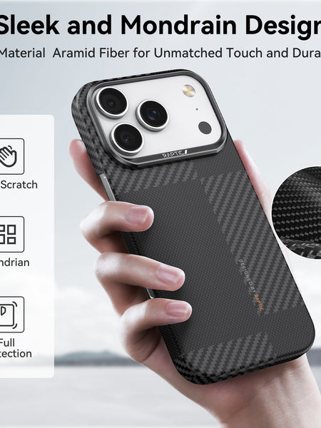 A hand holds the Raptic Geotik iPhone 17 Series Aramid case in a black, Mondrian-inspired texture; text notes anti-scratch protection, full coverage, and MagSafe compatibility.