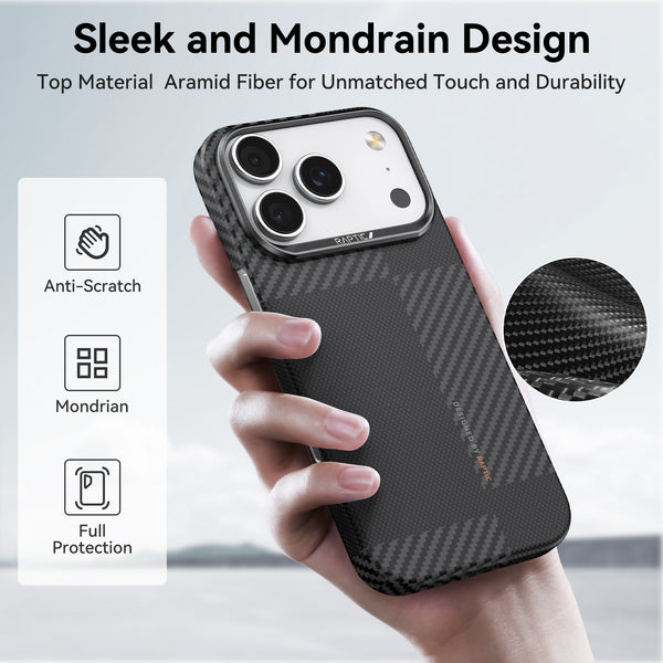 A hand holds the Raptic Geotik iPhone 17 Series Aramid case in a black, Mondrian-inspired texture; text notes anti-scratch protection, full coverage, and MagSafe compatibility.
