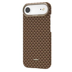 The Raptic iPhone 17 Aramid Fibre Case - Skin-Origin features a brown geometric pattern, raised camera area, silver side buttons, and ultra-light military-grade protection, shown on a white background.